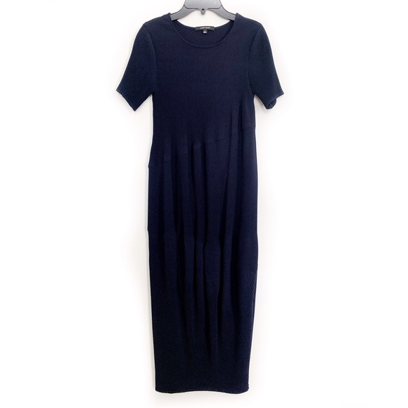 Navy Blue Modest Classic Short Sleeve Sheath Midi Dres - Picture 2 of 7